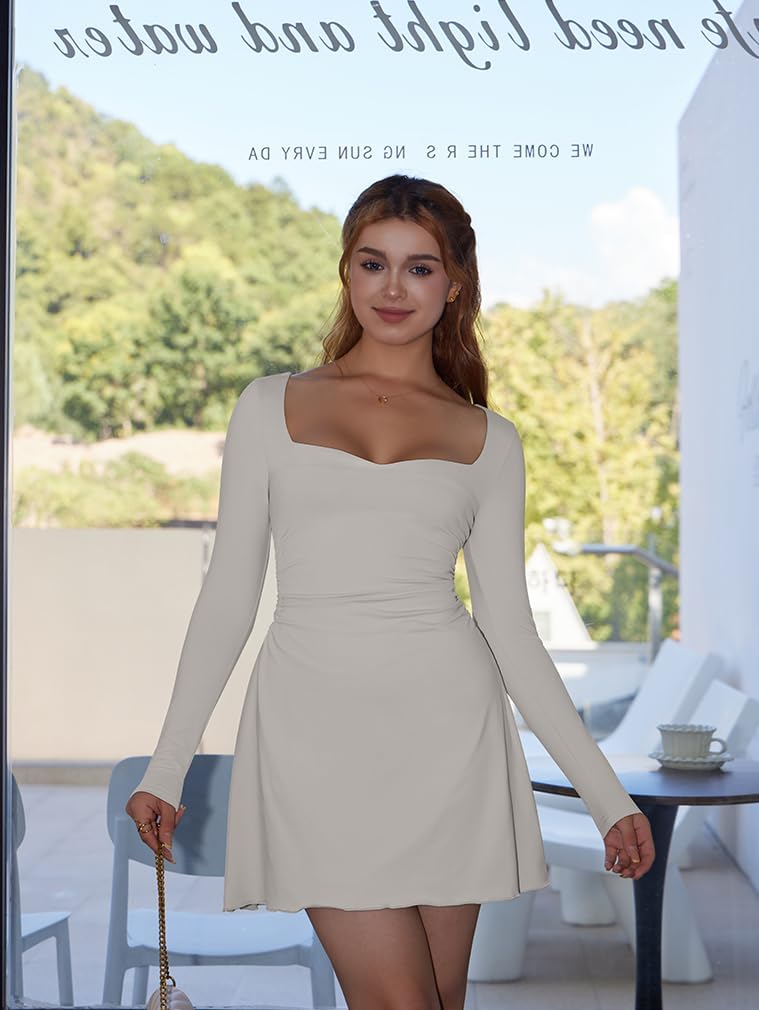 BEAGIMEG Women's Sexy Bodycon Long Sleeves A-line Sweetheart Neck Ruched Club Party Mini Dress - Image 2