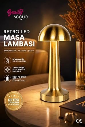 Mantar Lamba, 3 kademeli Işık, USB şarjlı, Şarjlı Dokunmatik LED Lamba, Kablosuz Gece Lambası, Gold masa lambası, mantar model lamba, başucu lambası, dekoratif salon lambası, Otel-Restaurant-Lokanta