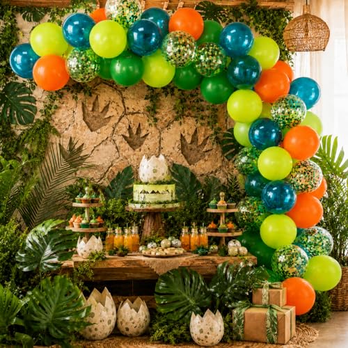 Image of Dinosaur Balloons, 50Pcs 12 Inch Green Orange Teal Confetti Latex | Green and Orange Jungle Dino Balloons for Kids Birthday Baby Shower Safari Wedding Boho Outdoor Fall Party Decor