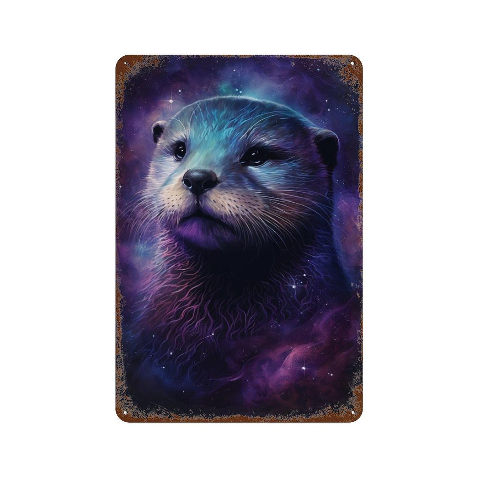 Rustic Tin Plaque with Cosmic Otter Portrait Print Design 11.8"x7.9", for Pub, Kitchen And Man Cave Decor, Old School Wall Decor