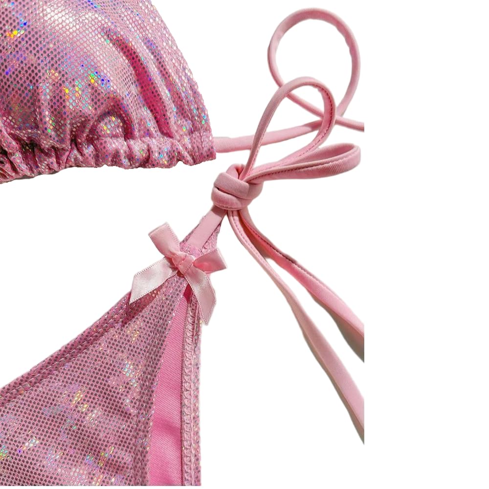 JJDFW Bikini Rose Brillant Extrême String Maillot de Bain Dos Nu Push Up Bowknot Vacances Maillots de Bain Femmes Micro Tangas Plage Maillot de Bain