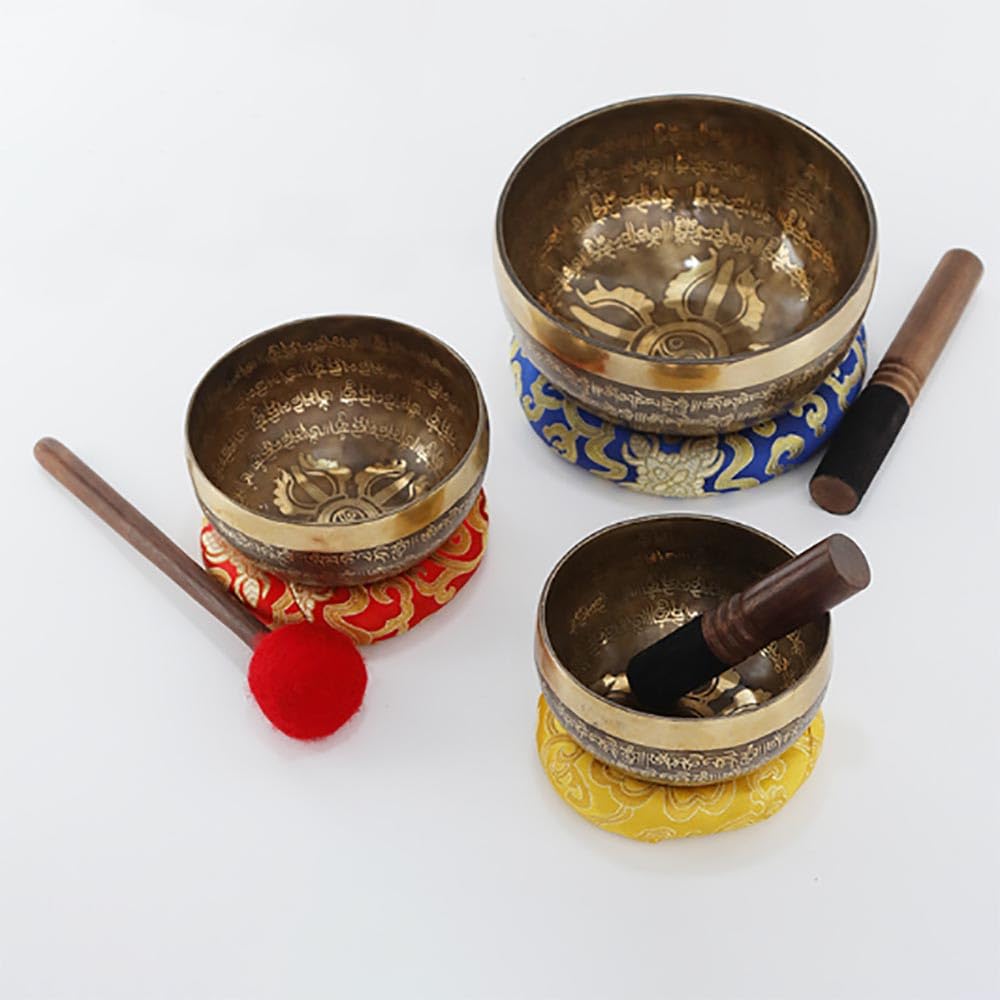 Set di campane tibetane con bastone in pelle, knock& Cushion-facile da suonare – bel suono per guarigione olistica, sollievo dallo stress, meditazione e relax