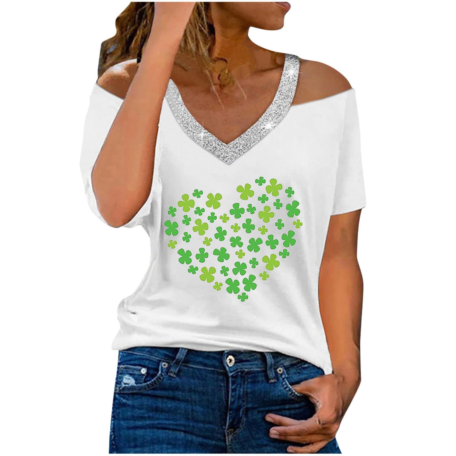 St Patricks Day T Shirt Women Womens Tops Sequin V Neck Cold Shoulder T Shirts Regular Fit Tshirts Short Sleeve Tunic Tops Lucky Green Clover Tee Shirts White Size S-XXL