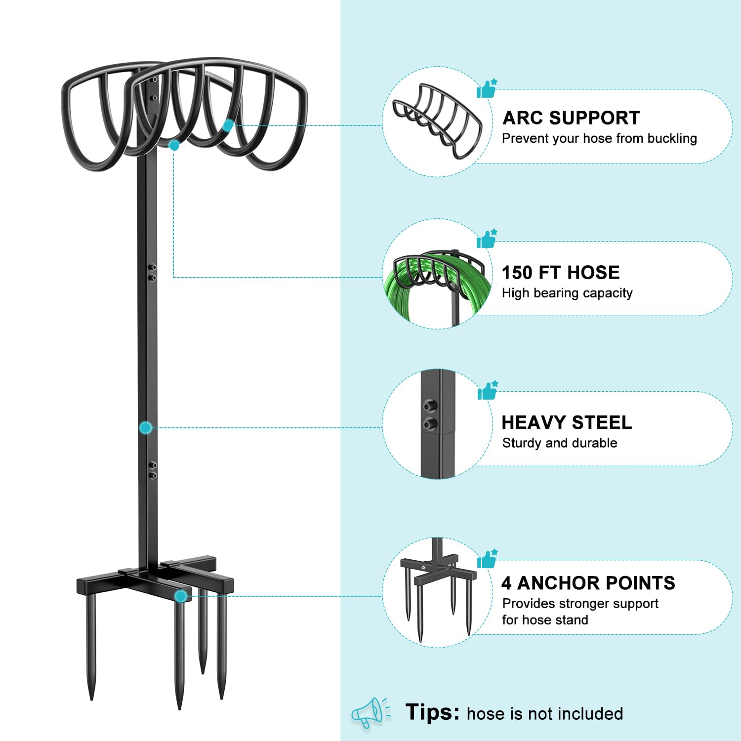 Keten Garden Hose Holder, 4-Prongs Base Freestanding Outdoor Hose Stand Holds 150-feet Hose, Heavy Duty Water Hose Holder Rack and Storage Organizer for Lawn/Yard/Garden (Simple-Style)