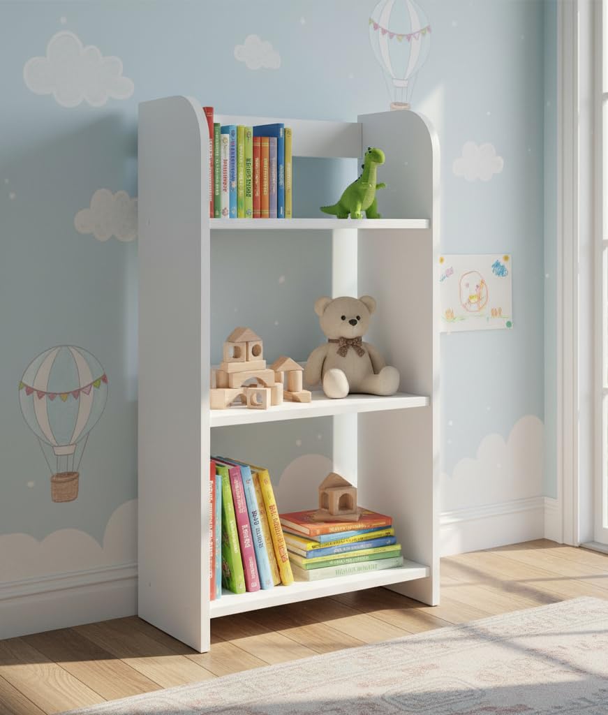 Leomark scaffale per cameretta bambini 50cm x 25cm x 102,5cm (LxPxA), mobile porta giocattoli, libreria armadio pannelli stile scandina, mobili in legno colore BIANCO