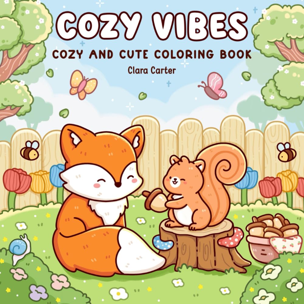 Cozy Vibes: Coloring Book for Teens and Adults with Bold and Easy Designs featuring Cute Animals, Plants and Flowers for Stress Relief and Relaxation