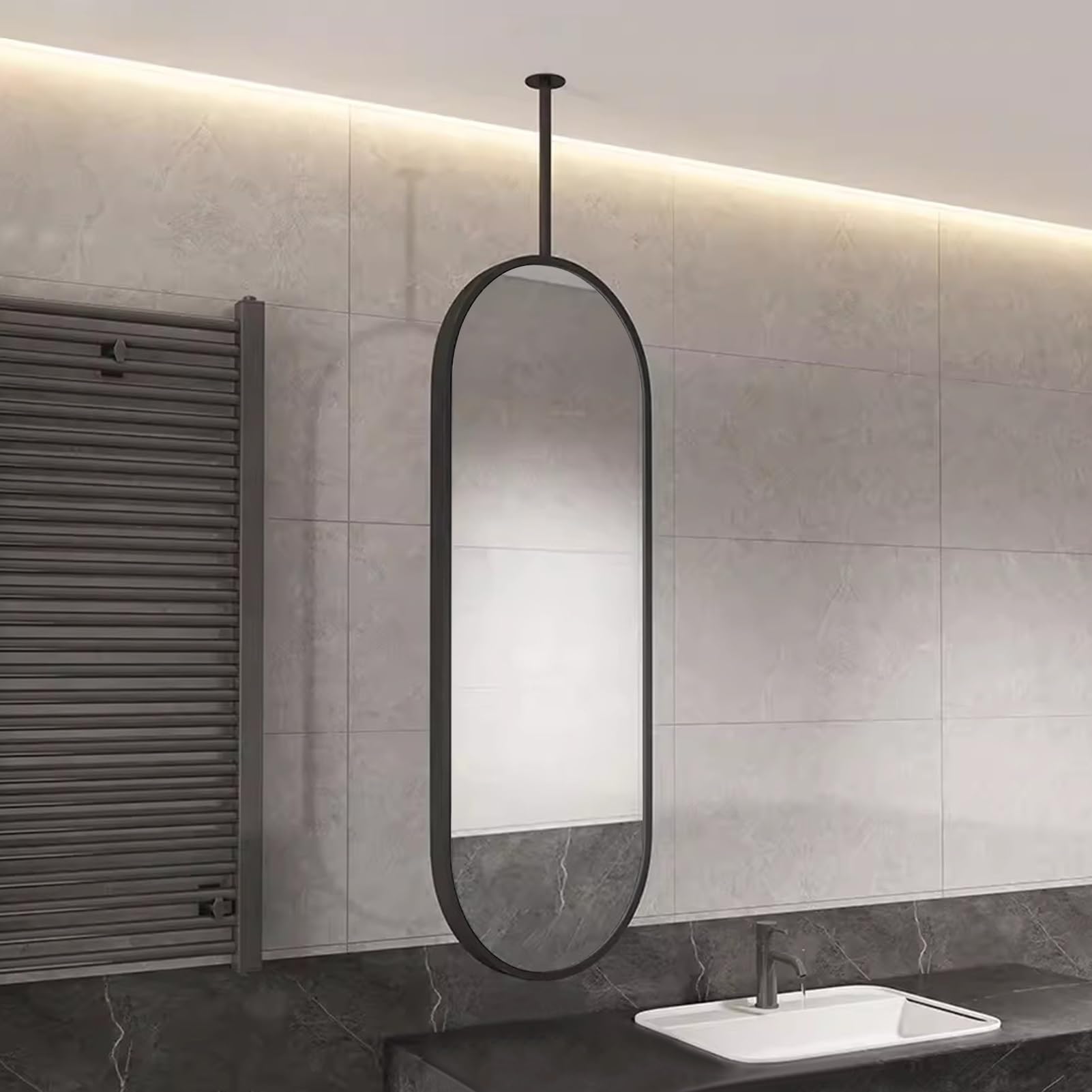 Miroir salle de bain cadre métal noir grand miroir ovale créatif suspendu plafond
