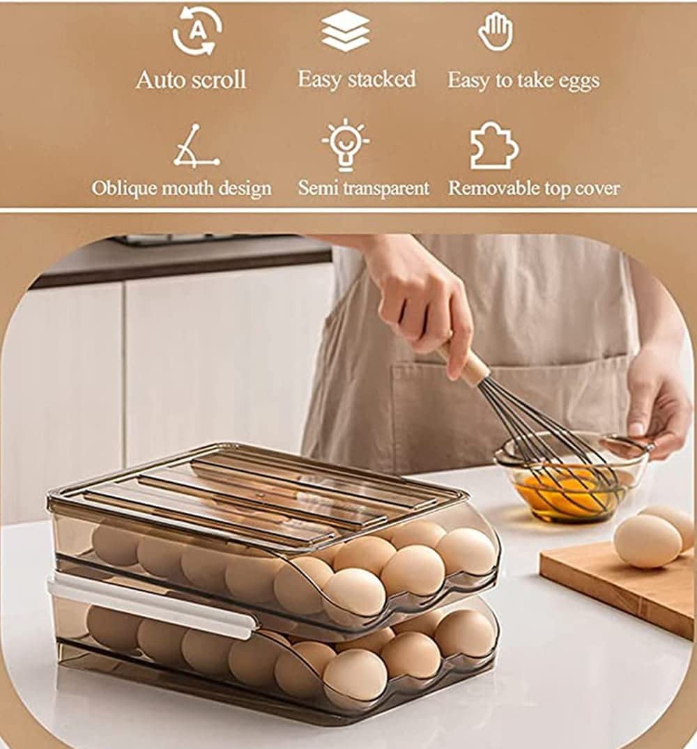 , Soporte de Huevos de rodamiento automático para refrigerador, organizadores de frigorífico y Caja de contenedores de Almacenamiento, Bandeja de Ahorro de Espacio (Dos Capas)