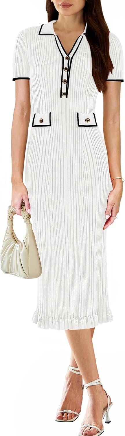 Pink Queen Women's Elegant Bodycon Dress 2026 Short Sleeve V Neck Half Button Cocktail Party Ribbed Knit Long Sweater Dress - Image 2