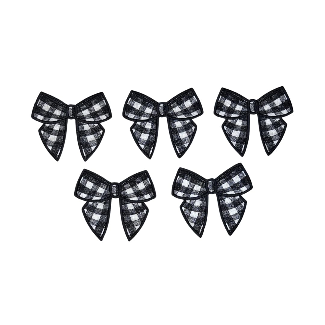 GARAAN - Machine Embroidered Applique, Patch, Sew on Patches, DIY Projects, Gingham Bow Black (Pack of 5) 1