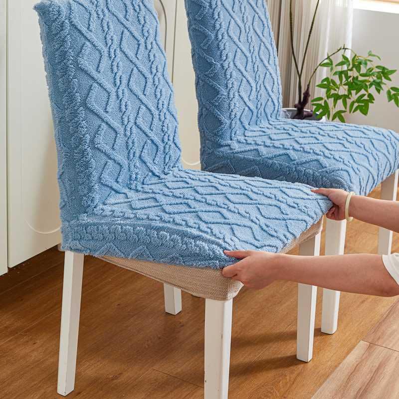 Image of HOMETHREADS Elastic Jacquard Chair Cover-Stretch Fit, Removable & Washable Short Dining Chair Seat Protector - 400gsm Soft & Wrinkle-Resistant Slipcover for Home, Kitchen, Banquet (Blue, Pack of 4)