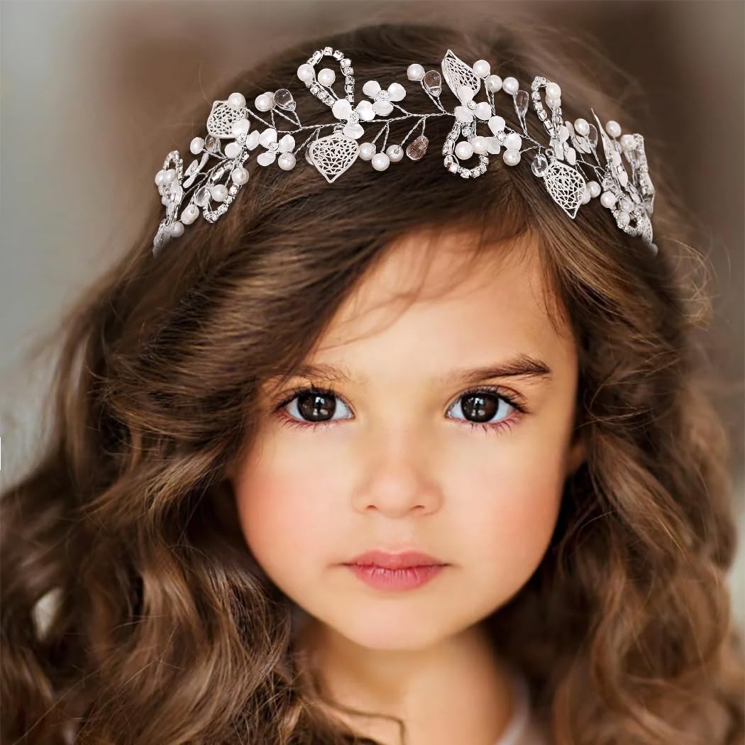IYOU Princess Crystal Headpiece Silver Flower Wedding Headband Pearl Holy Communion Hair Accessories for Flower Girl Bride Bridesmaid - Image 2