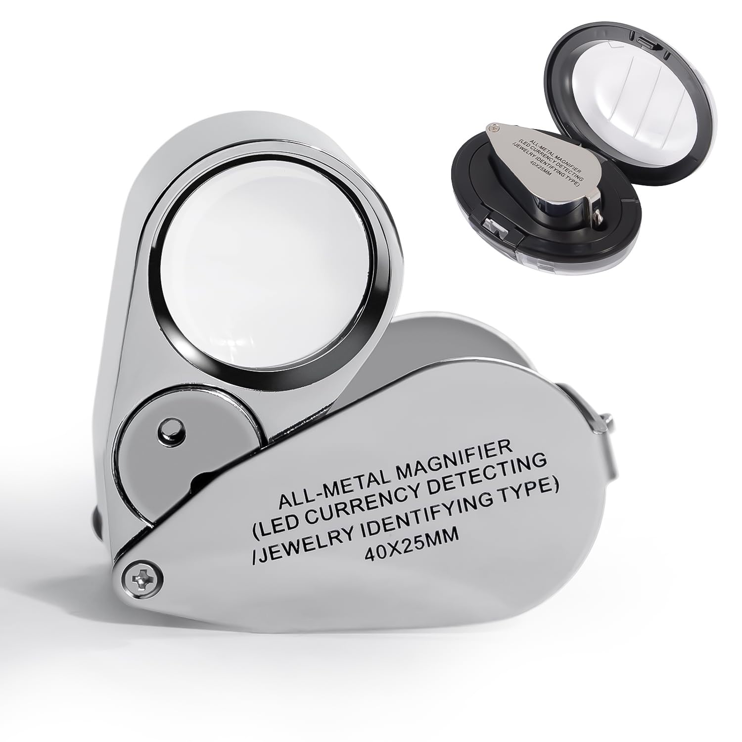 Lupa de joyero 40X,Lupa de joyería Plegable de Acero Inoxidable,con luz LED y Ultravioleta,para Diamantes joyeros Monedas Sellos, reconocimiento de Moneda, identificación de Joyas