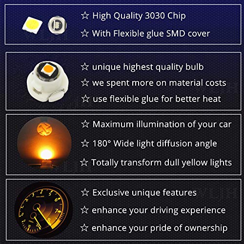 Image of WLJH Yellow T4.2 Neo Wedge LED HVAC Climate Control Bulb with 10mm Base | 3030 SMD, T1.25 and T1-1 /4, 9454848, Dash Cluster and Clock Light, A /C Panel, Switch and Indicator Lights, Dimmable, 10-Pack