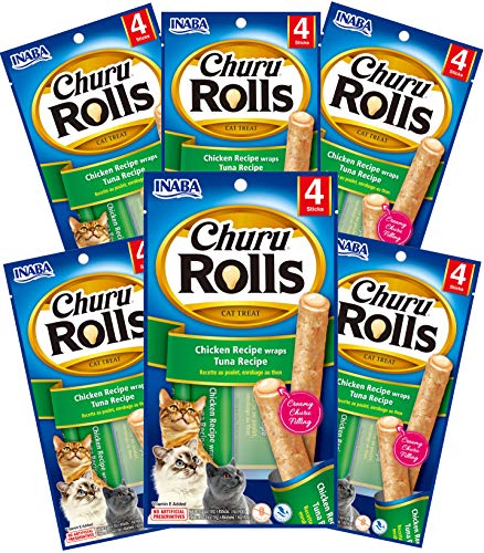 INABA Churu Rolls - Soft Baked Chicken Filled with Churu Tuna Puree - Natural Cat Treat (24 Sticks)