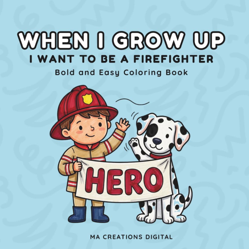 When I Grow Up I Want To Be A Firefighter: Bold and Easy Coloring Book with Cute Fire Trucks, Rescue Scenes, and Dalmatian Dogs for Kids Ages 3-8