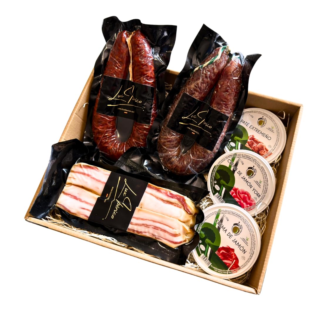 Lux Ibérico Lote Platon - Patés Extremeños, Panceta y Embutido | Chorizo y salchichón ibérico, panceta curada y tres patés extremeños para untar. Aperitivo completo listo para regalar.
