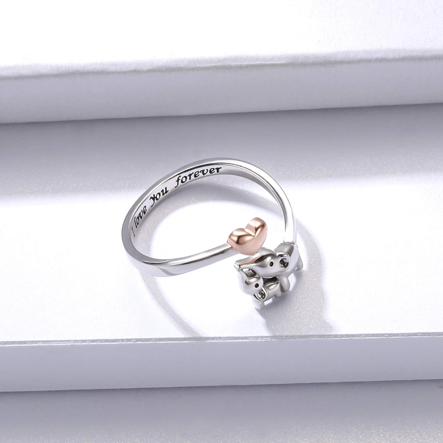 Mom Daughter Elephant Ring 925 Sterling Silver Adjustable Love Heart Finger Rings Pendant for Women Wife Mom Nana Daughter Jewelry Gift
