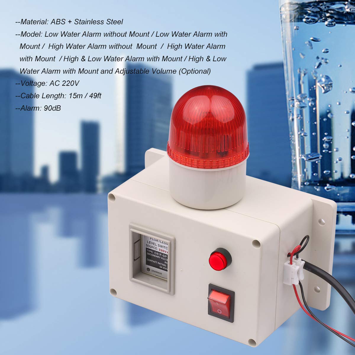 Alarma de Nivel de Agua, Sonda de Acero Inoxidable con Cable de 15 M para Detección de Líquidos, Monitoreo en Tiempo Real con Interruptor de Silencio para (Alarma Agua con