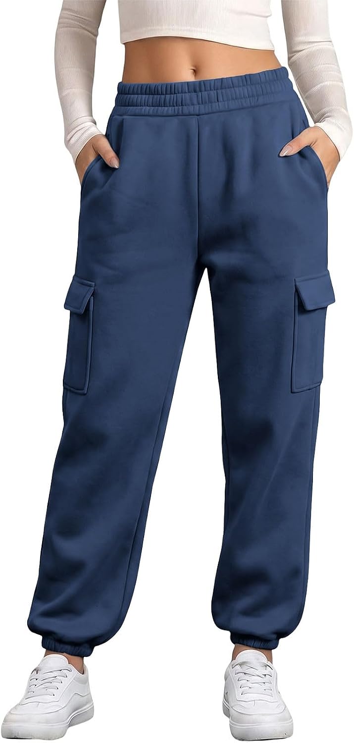 Women's Baggy Fleece Cargo Sweatpants Y2K Joggers with Pockets