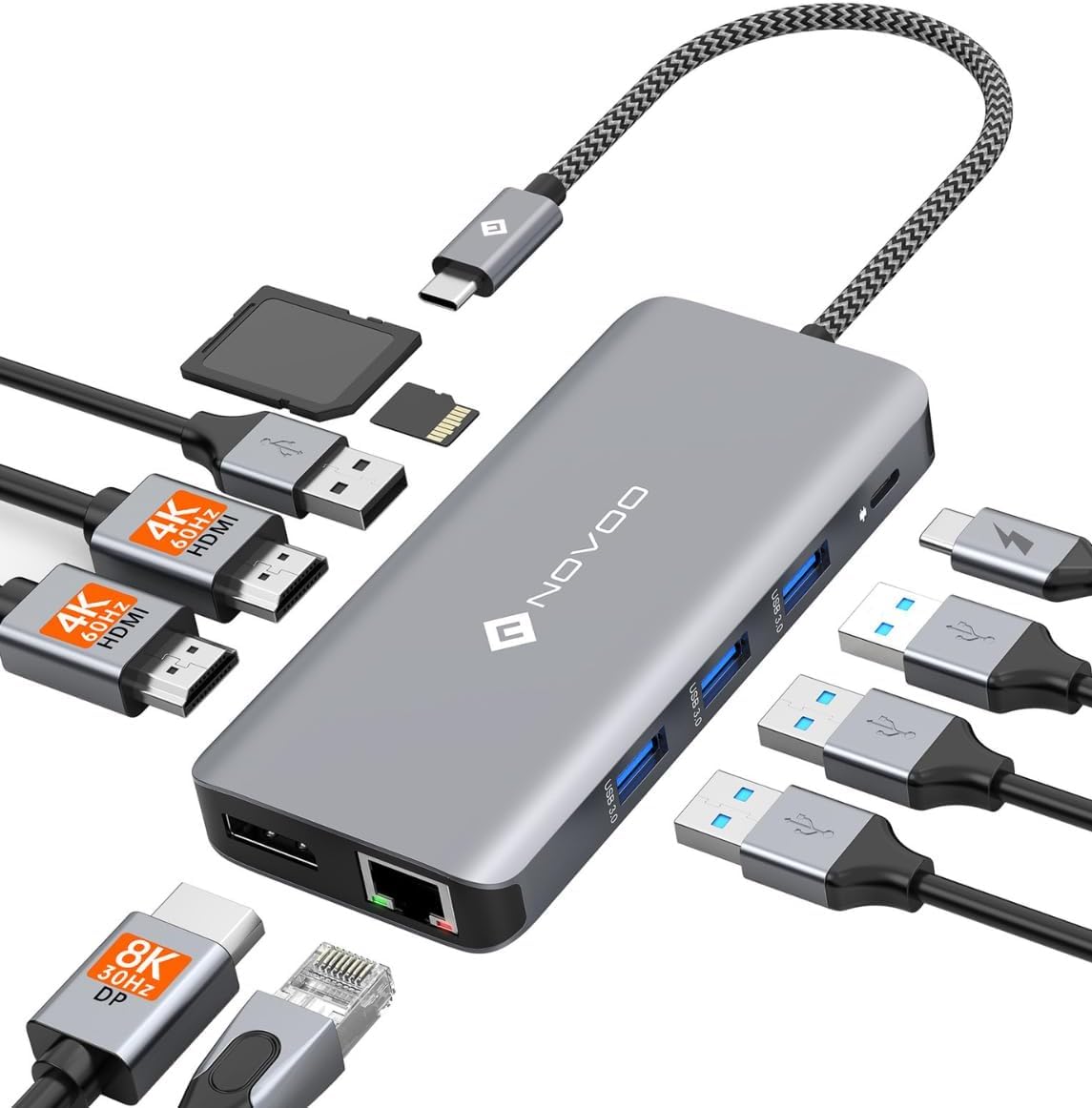 NOVOO USB C ドッキングステーション 4K トリプルディスプレイ 11-in-1 デュアル 4K@60Hz USB C HDMI ハブ【DP/2 HDMI/4 USB/PD 100W急速充電/SD/TF/イーサネット】