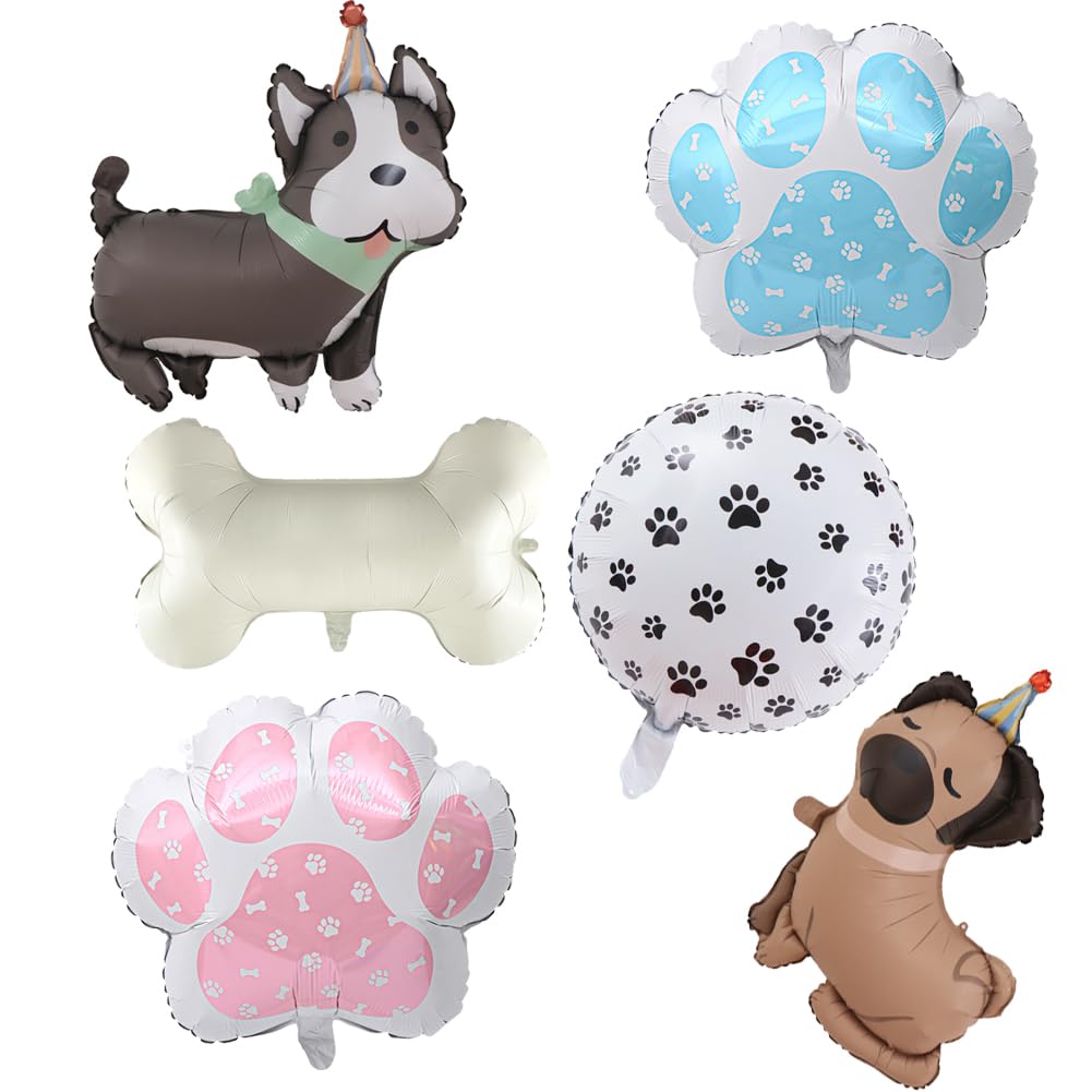 6PCS Dog Balloons Set Paw Print Foil Balloon Bone Shaped Husky Pug Spotted Doggy Paw Party Balloons Pets Puppy Gotcha Day Party Decoration,Cute Puppy Foil Mylar Animal Balloons for Puppy Party