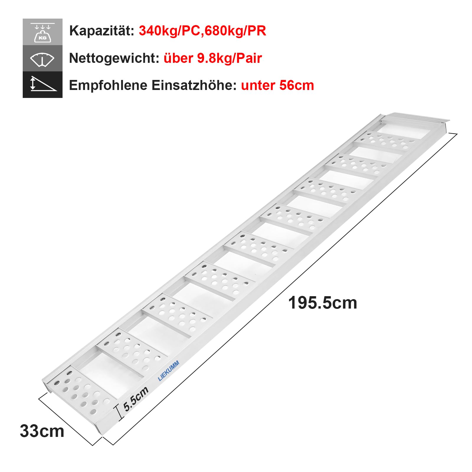 LIEKUMM 2 x 195,5 cm Auffahrrampe, 680 kg Tragkraft Auffahrrampe für Anhänger, Aluminium Leicht Motorrad Rampe für ATV, Motorrad, Fahrrad, PKW, Auto Laderampe