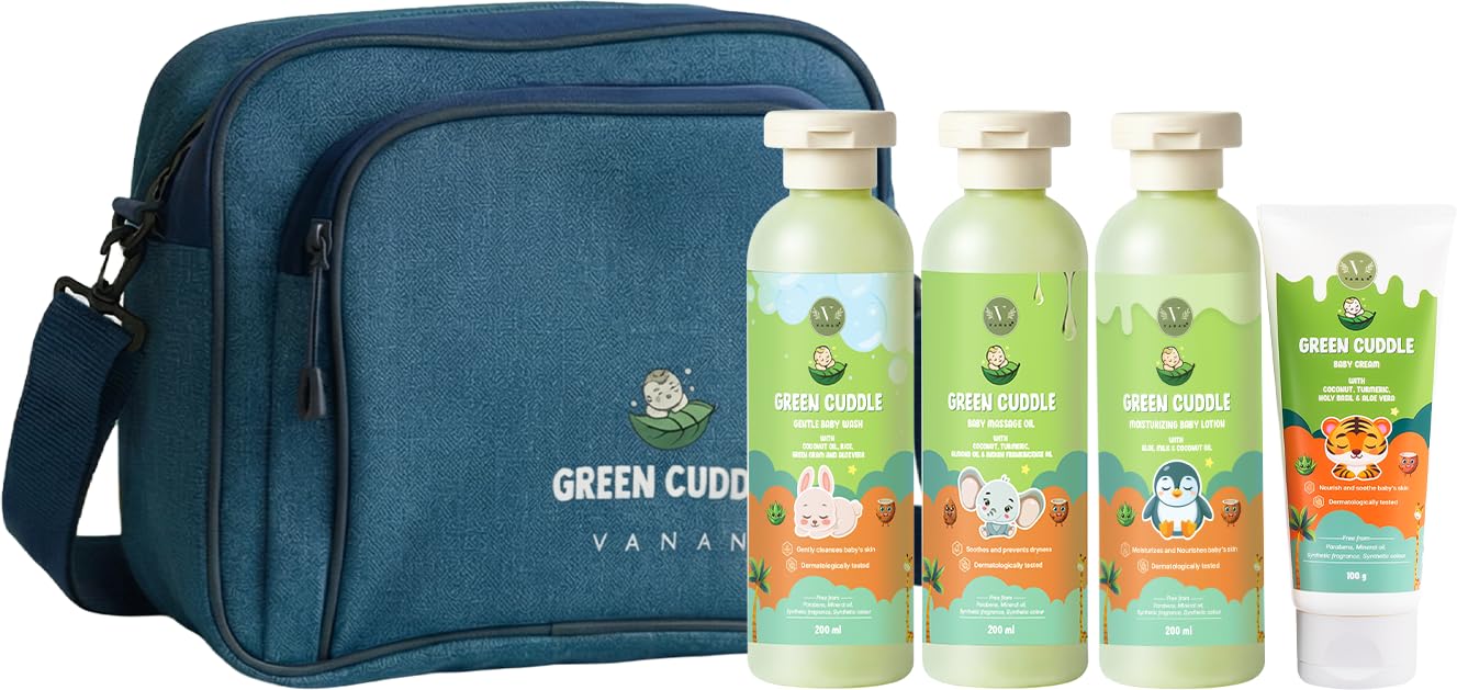 Green Cuddle Babypflegeset | Ayurvedisches Tägliches Babyset – Massageöl, Baby Waschgel, Lotion & Babycreme | Sanft & Parabenfrei | Für Weiche & Gepflegte Babyhaut