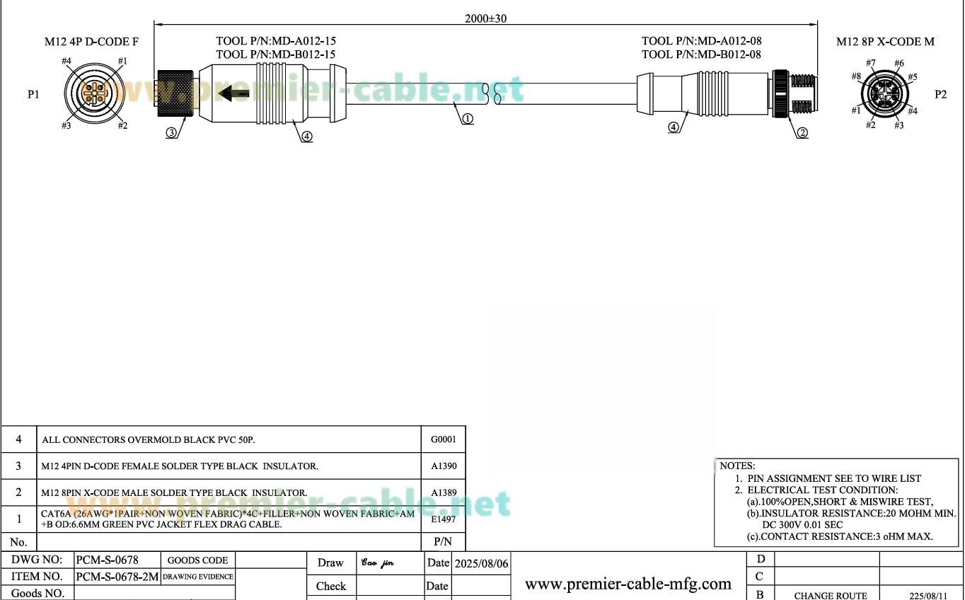IP67 M12 X Code Male to D Code Female Ethernet Connection Cable Cat6A High-Flex Drag Chain Shielded Compatible with IFM E80412 for Profinet, EtherNet/IP, Modbus TCP, PLC, Robotics(2M/6.6FT)