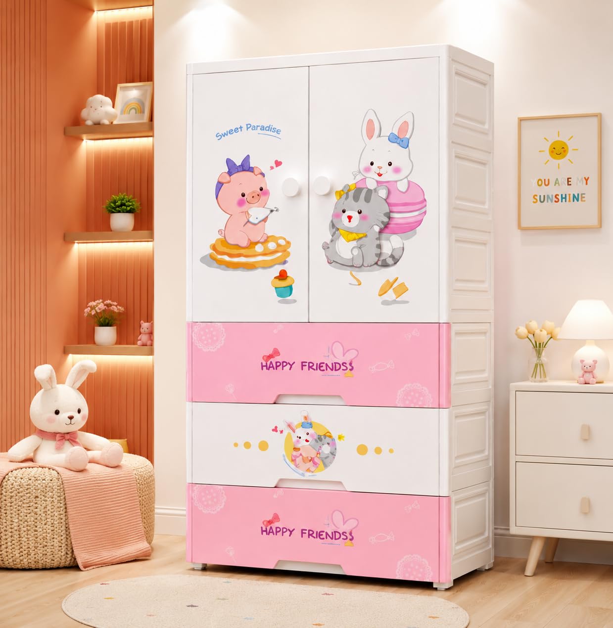 YASONIC Plastic Wardrobe for Kids Clothes – Durable, Easy to Use Anti-Skid & Non-Slip Effective Professional Collapsible Wardrobe, Plastic Cupboard for Kids, Foldable Almirah (Pink, 1+3 Tier)-image-12
