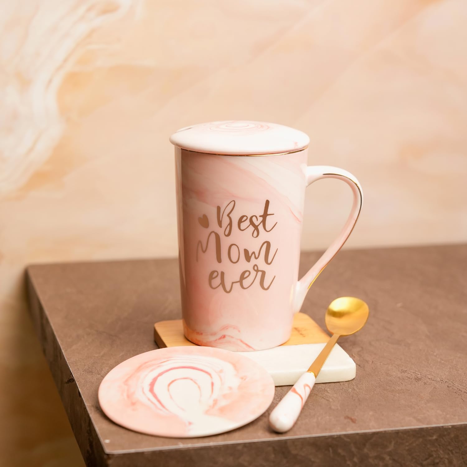 NYRWANA Coffee Mug, Gift for Woman, Mugs for Present, Present Items for Women, Ceramic Mug, Gift for Mom, Best Present for Women, Cute Mugs, Mug with Spoon, Box & Bag (400ml-Pink)