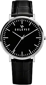 Relógio Masculino Solevit Legado 41mm Ultrafino 6,5mm Presente Dia dos Namorados Pulseira Couro Preto Caixa Cor Prata Quartzo Japonês Slim Elegante