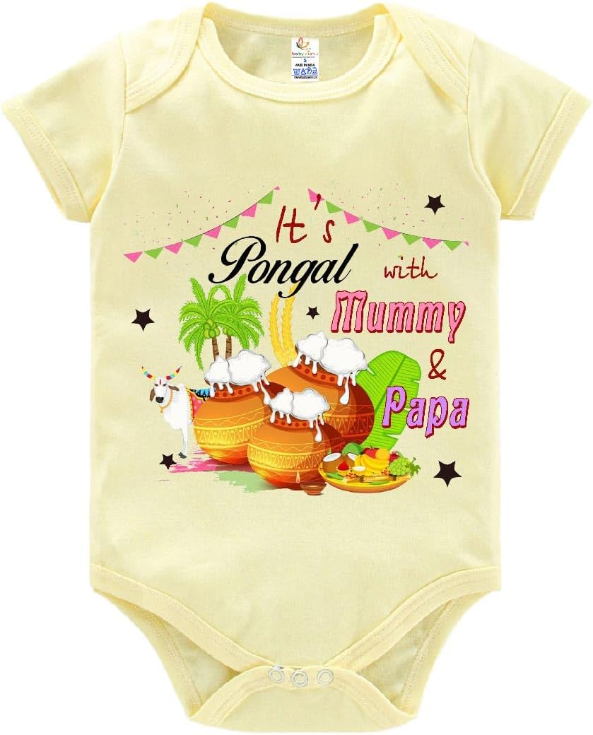 baby wishMy First Pongal Romper Clothes Baby Pongal Bodysuits Newborn Outfit Romper with Envelop Neck Half Sleeve Unisex Rompers Infant Dress It's Pongal With Mummy Papa
