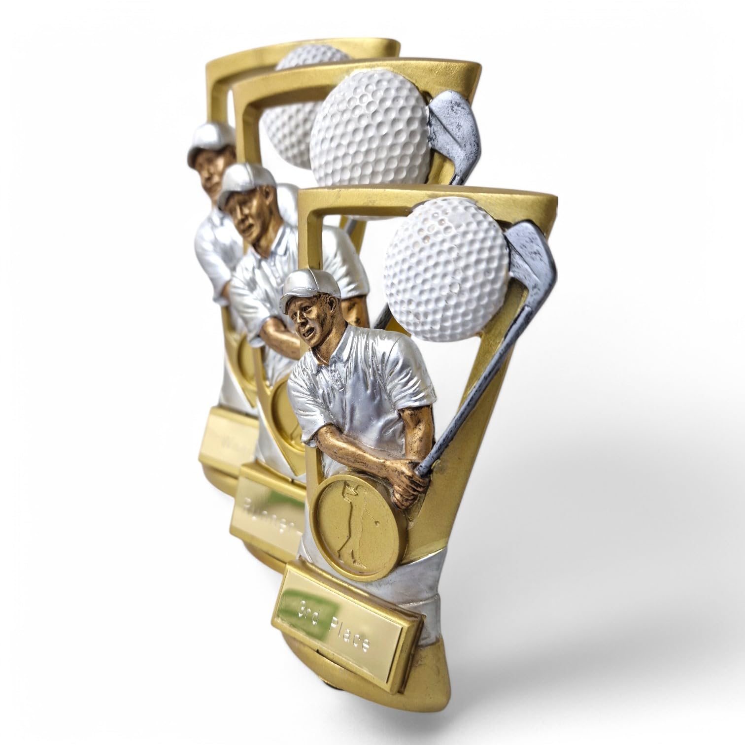 Trophy Monster Paquete completo de premios de golf de 3 piezas para el día del golf, platos grabados incluidos, hecho de resina, paquete a granel