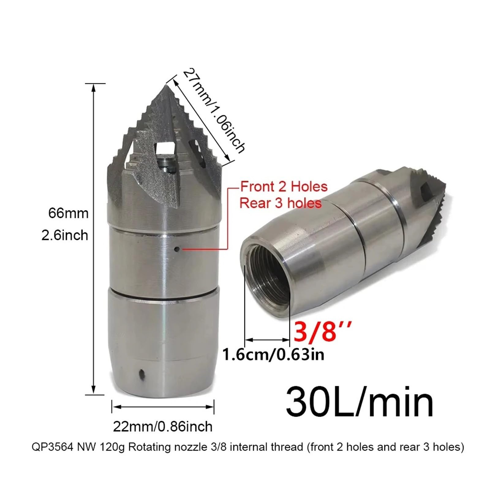 Buse rotative haute pression 3/8 ", filetage intérieur 16mm avant 2 arrière 3 trous pagode Mini rotative 30L/min 5 trous
