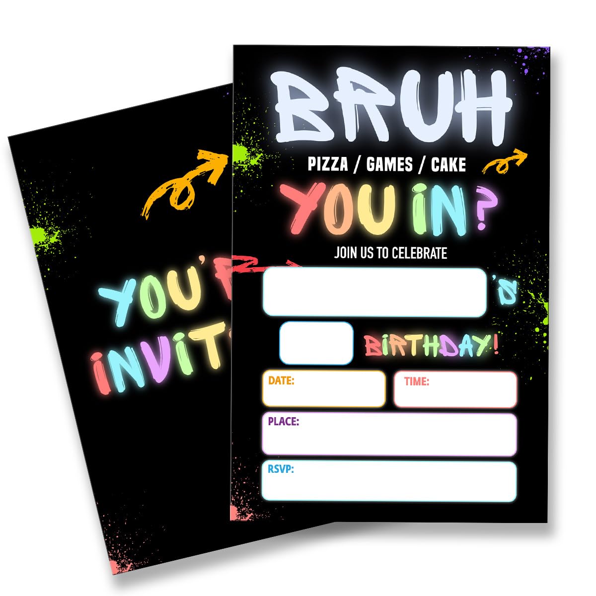 QZJ Boy Games Birthday Party Invitation Supplies with Envelopes Set of 20 Bruh Birthday Invitation Fill in Blank, Double Sided