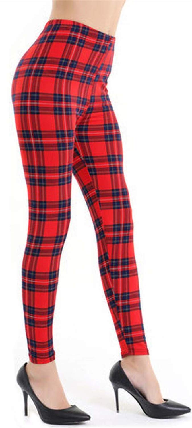 Fioeyr Women's Red Tartan Check Print Elacticated Full Length Long Stretchy Leggings