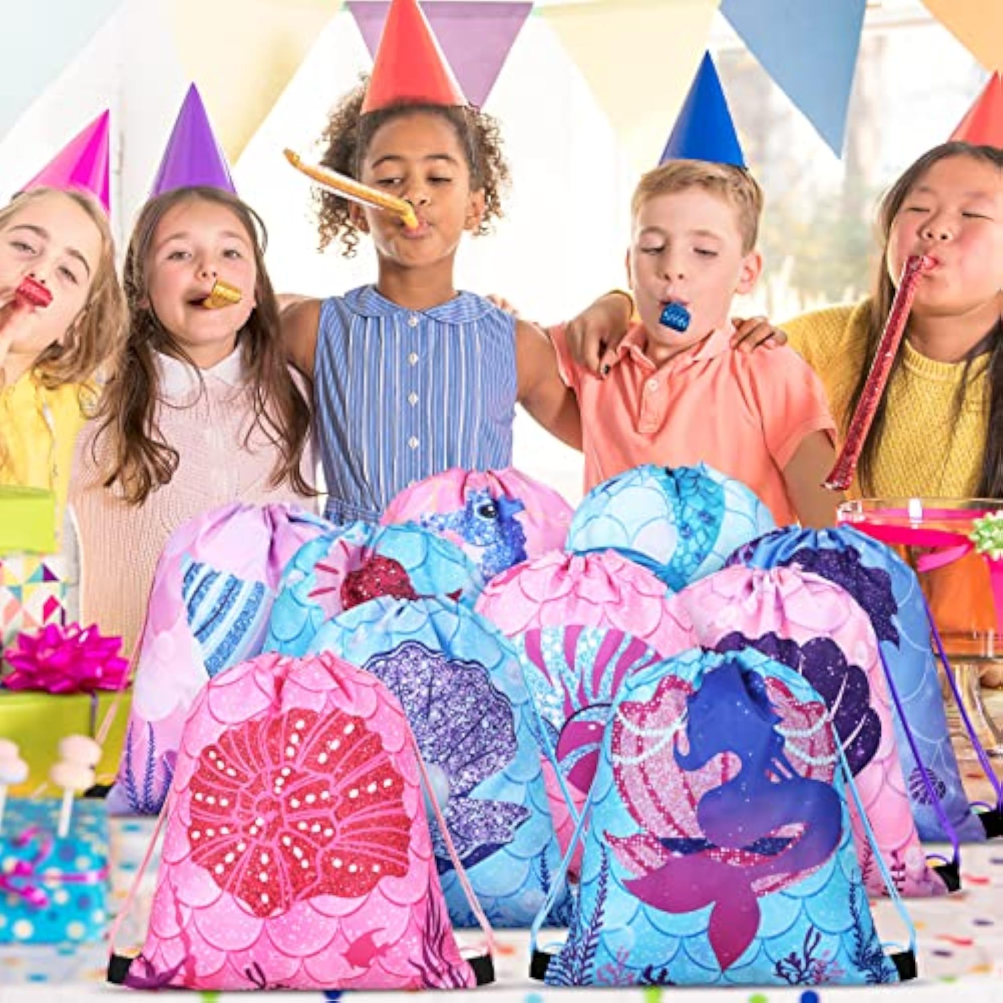 32 Pcs Mermaid Party Favor Bags, Drawstring Backpack
