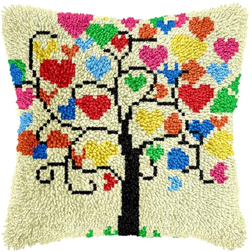 Image of Anurjah Latch Hook Pillow Kits for Adults, Crochet Kit for Beginners 17x17inch Home Decor Pillow Cover Making Kit with Crochet Tool & Precut Yarns and Coded Canvas Christmax Halloween Craft Gifts