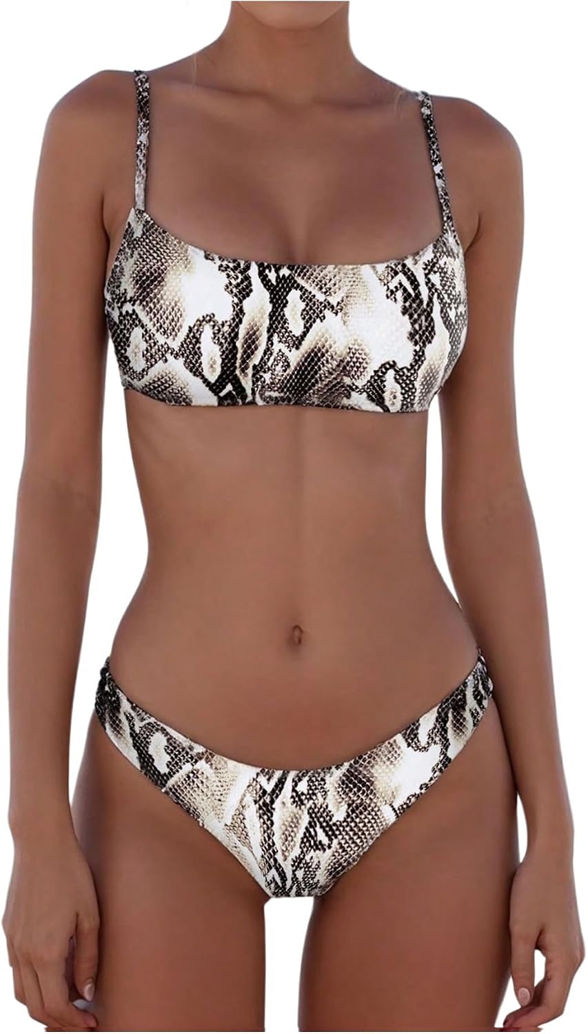 MakeMeChic Women's Bikini Sets Leopard Print Spaghetti Strap Backless Beach Swimsuit