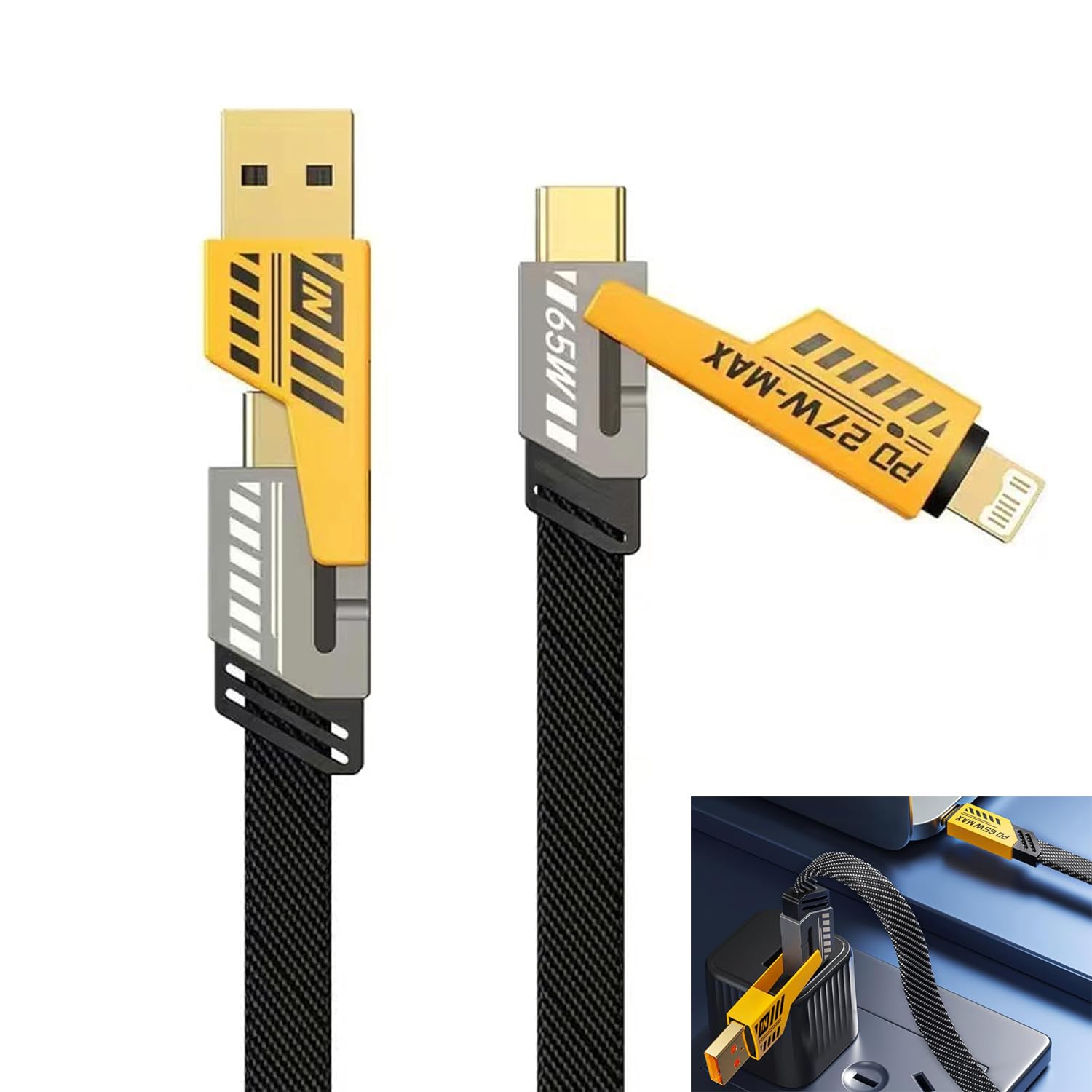ADZOY 4-in-1 USB-C Cable, PD 65W 1.5 Meter Fast Charging Cable Metal connecters & Data Sync, Flat Braided Charger Cord with Type C/USB A for laptop iPhone iPad MacBook Samsung (B0DB6FQG4T) Amazon Price History, Amazon Price Tracker