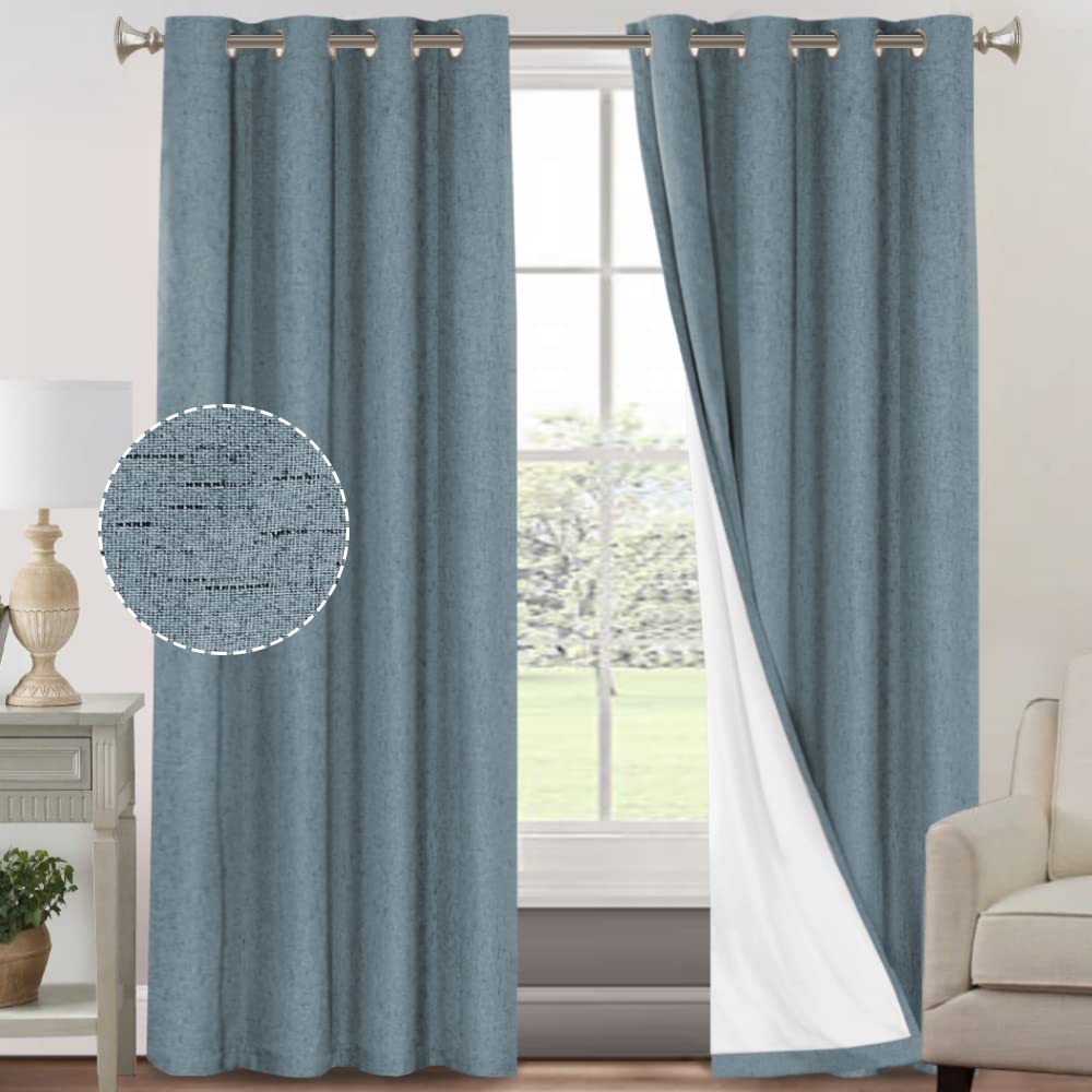 Primitive Textured Linen 100% Blackout Curtains for Bedroom/Living Room Energy Saving Window Treatment Curtain Drapes, Burlap Fabric with White Thermal Insulated Liner (52 x 84 Inch, Stone Blue)