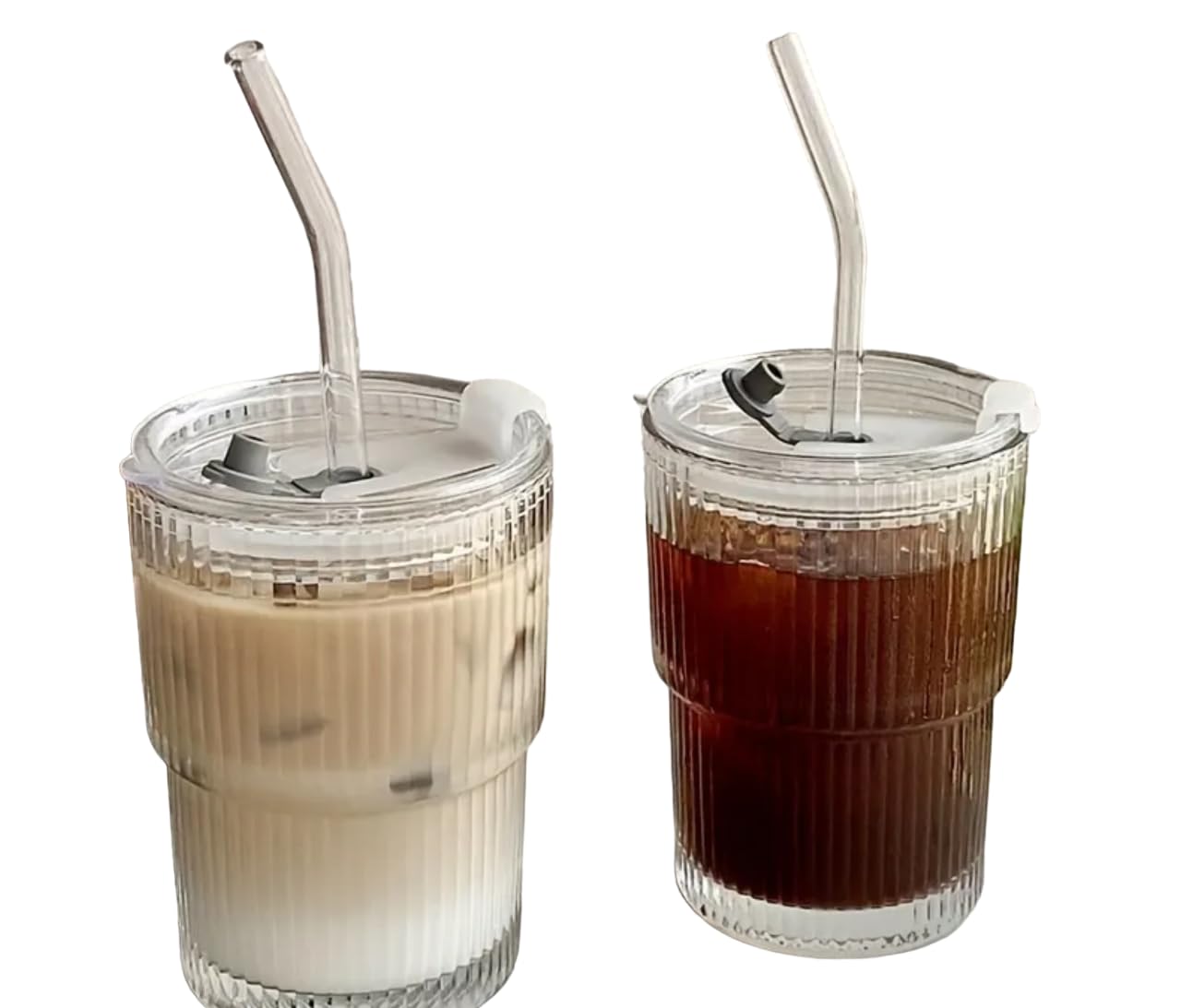 Generic Ribbed Glass Set 2 pcs, Tumbler with Lid and Straw 450ml, Origami Style Drinking Glass, Iced Coffee & Tea Cups, Summer Winter Drinkware, Travel Accessories., 1234444