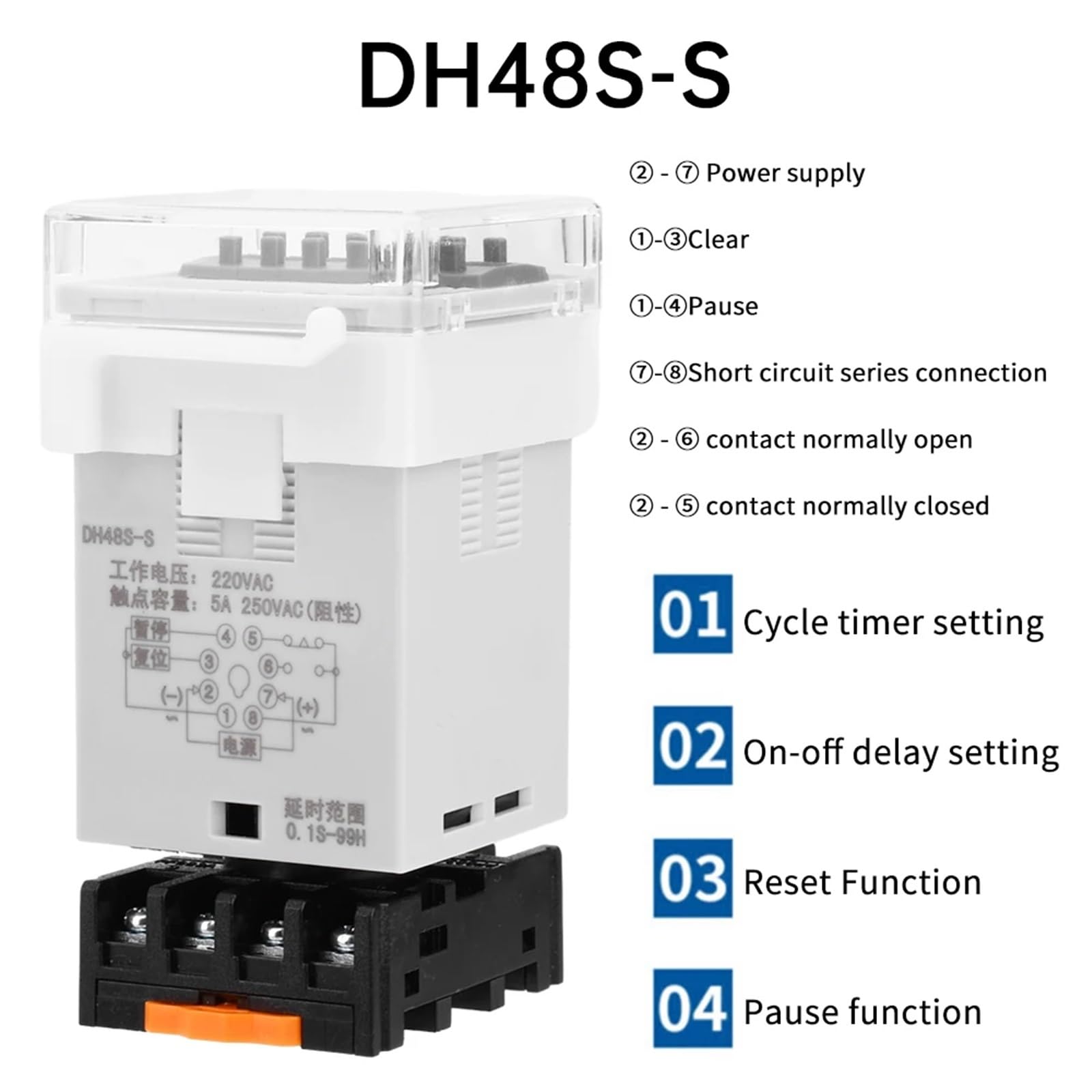 AC220V AC/DC24V AC/DC12V Digital Display Loop Delay Controller Relè temporizzato Relè interruttore temporizzato con base presa DH48S Din Rail(AC DC 220V)