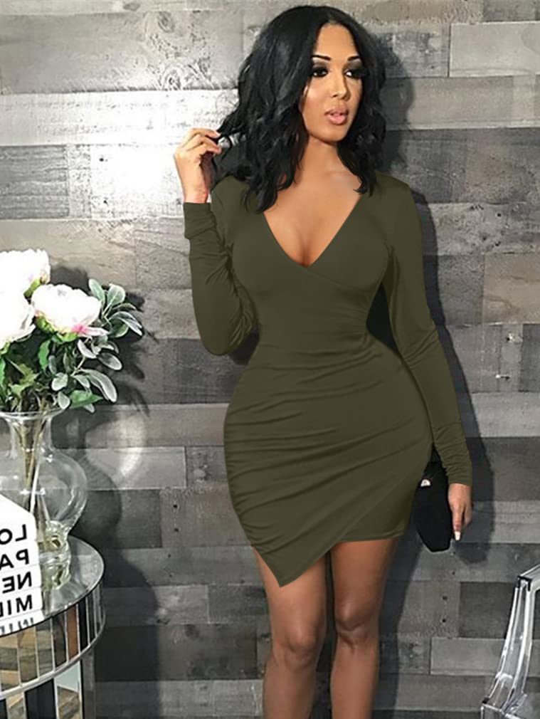 ZileZile Women's Sexy Bodycon Long Sleeve Ruched Deep V Neck Wrap Club Mini Dress