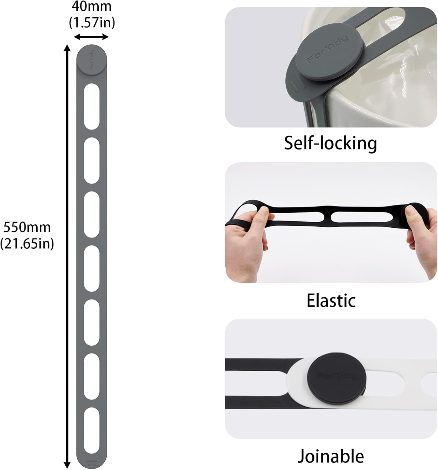 FORTIDY Silicone Latch Strap for Slow Cooker Lid, Pot, Bento Box, 21.65 in Reusable Elastic Self-Lock Silicone Tie for Bundling or Organizing Curtain, Cords, Yoga Mat, Camping Mat, 2pcs (Gray&White) - Image 7