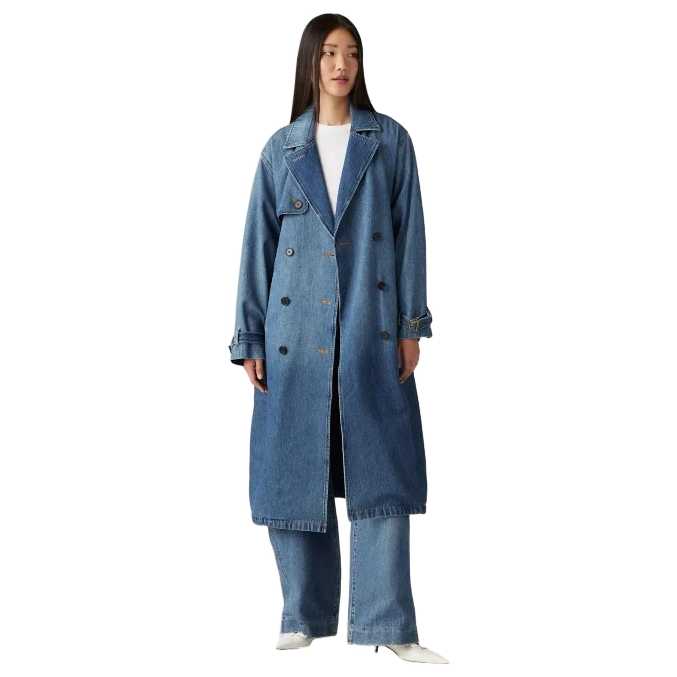 Women's solid blue denim trench coat-image-47
