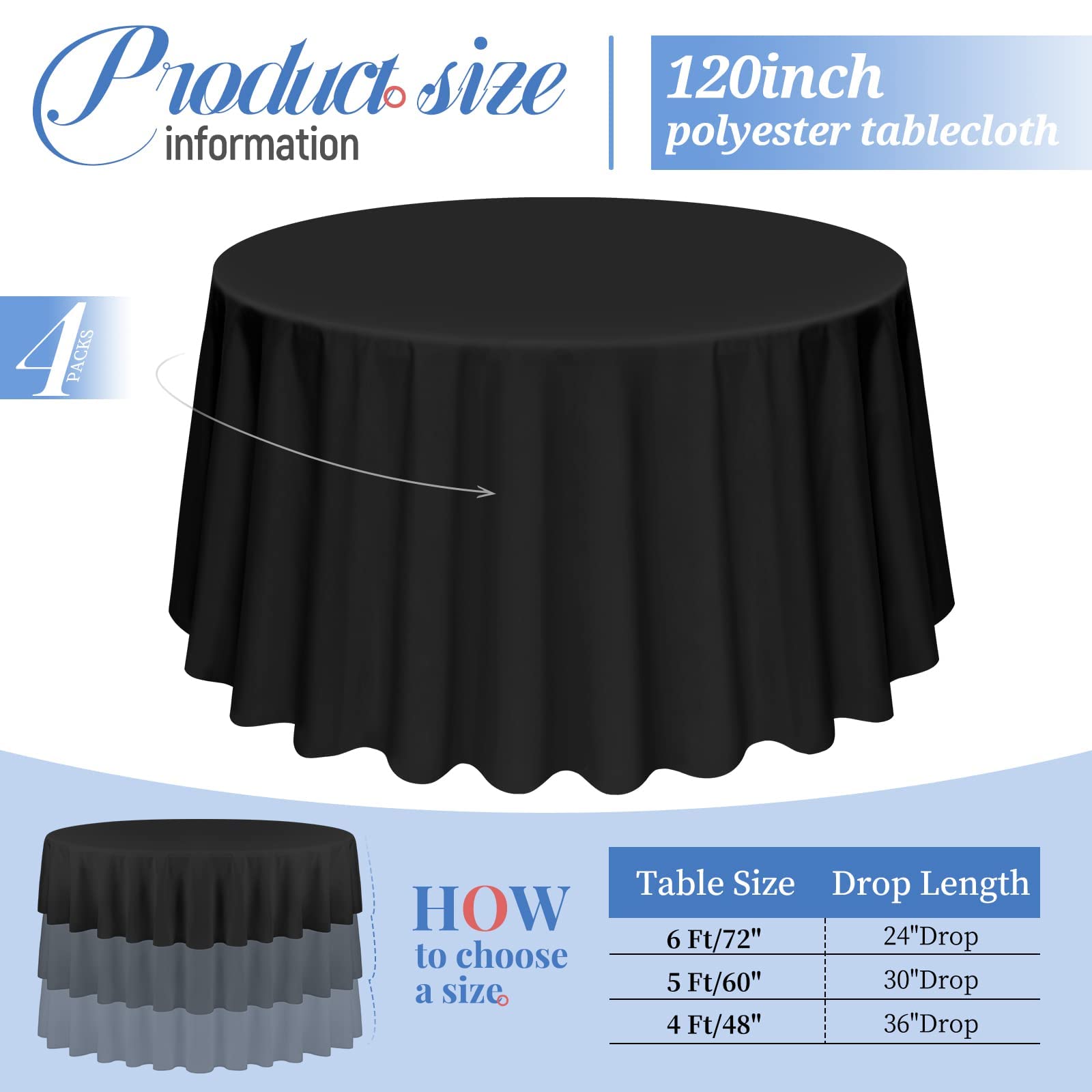 Pesonlook 4 Pack Black Round Tablecloth 120 inch Polyester Table Cloths for Round Tables Waterproof Stain Resistant Washable Table Cover in Bulk for Wedding Party - Image 3