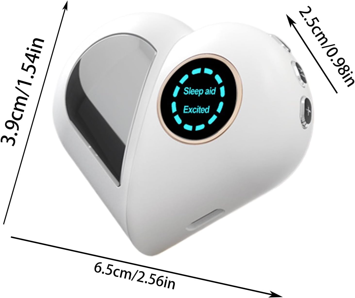 Microcurrent Sleep Aid Device with dimensions labeled: 6.5cm/2.56in length, 3.9cm/1.54in width, 2.5cm/0.98in height.