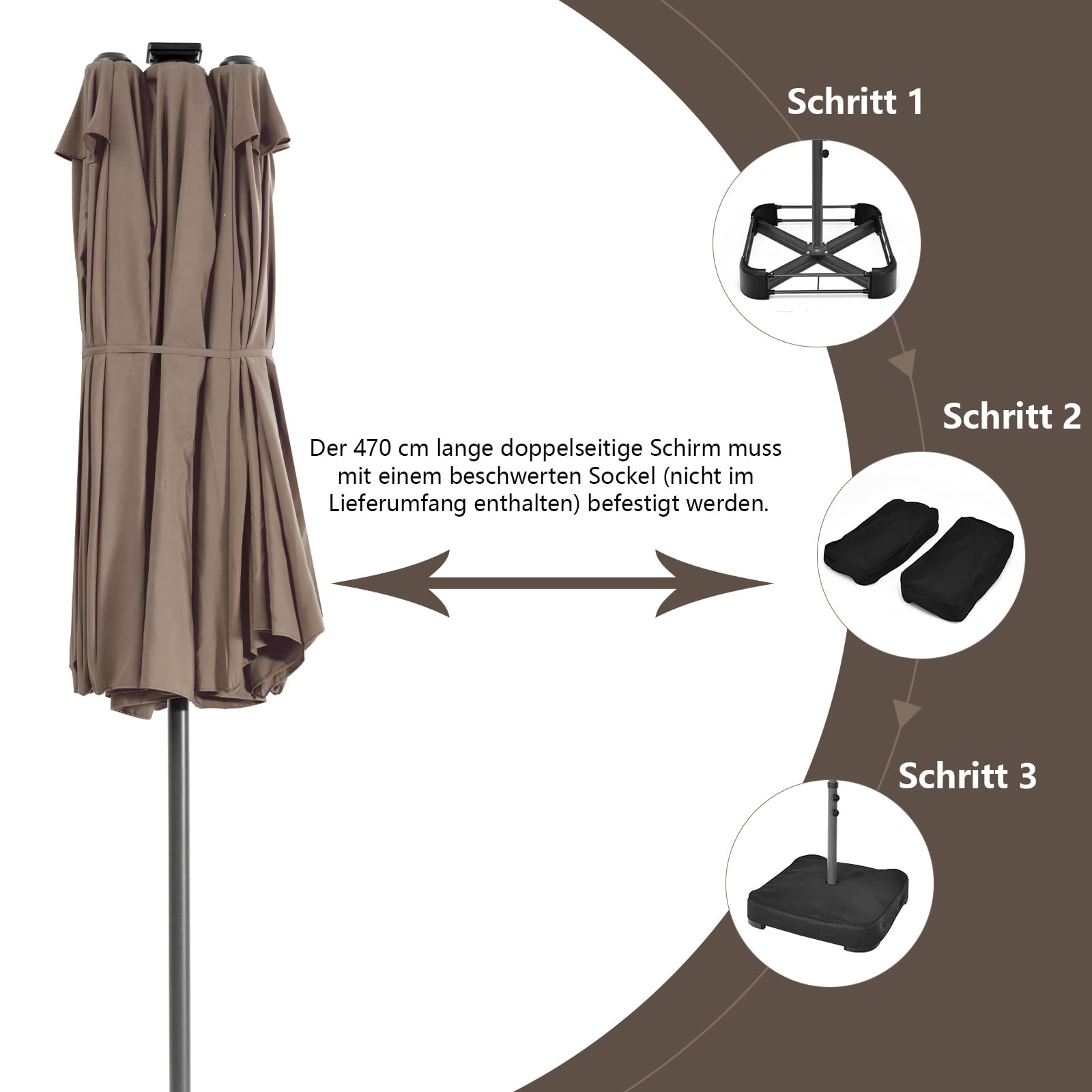 COSTWAY Podwójny parasol przeciwsłoneczny z oświetleniem solarnym LED, 450 x 260 cm, rozmiar XXL, UPF 50+, parasol ogrodowy z korbą, parasol tarasowy, Podstawa parasola nie jest dołączona, (brązowy)
